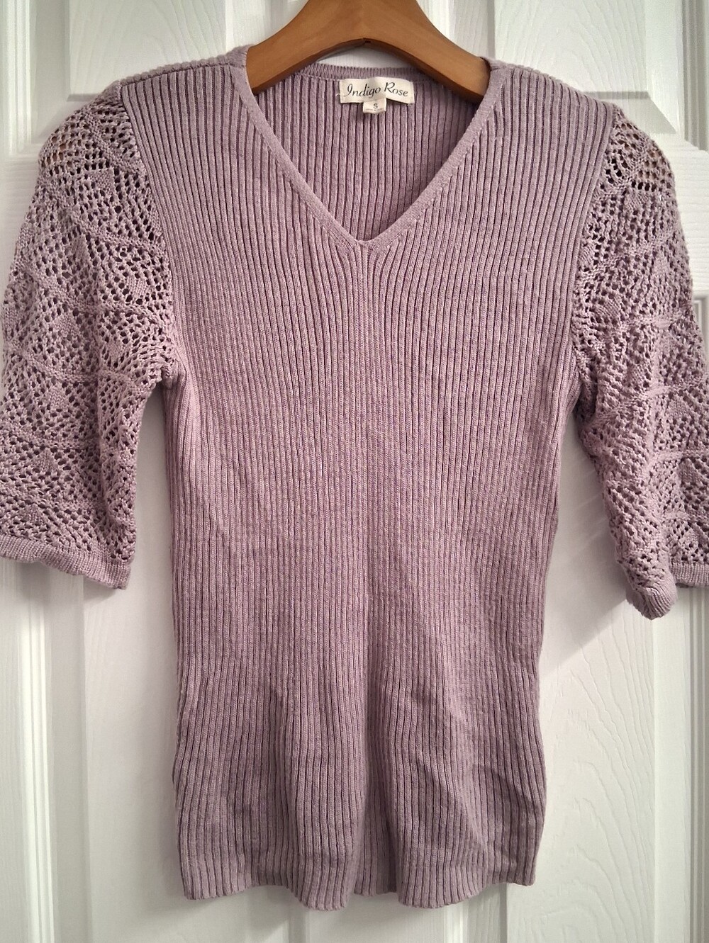 Indigo Rose Purple Ribbed Sweater Blouse With See Thru Sleeves Small